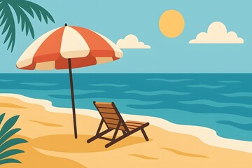 Relaxing Beach Scene with Umbrella and Lounge Chair Under Sunlight