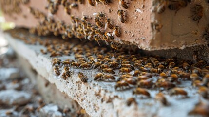 A close-up view of hundreds of bees buzzing around their hive, illustrating the complexity and productivity of nature's smallest workers in their bustling environment.