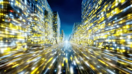 Speed motion blur through illuminated urban canyon with glowing skyscrapers, light trails, and digital energy streams. Futuristic cityscape displaying velocity, connectivity, and technological - Powered by Adobe