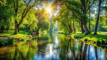 Serene riverbank landscape with lush greenery and sunlight filtering through trees, forest, water features