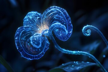 Makrofotografia nierealnego, obcego kwiatu z półprzezroczystymi, spiralnymi płatkami i świecącymi na niebiesko czułkami. Kwiat pokryty jest opalizującą rosą, a w powietrzu unoszą się lekko świecące za