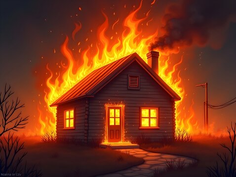 House Engulfed In Flames Stylized Art Illustration Fire Concept Design