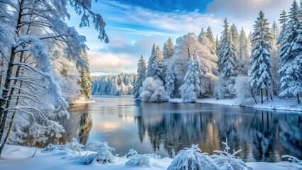 Dense forest with snow-covered trees and a frozen lake in the background, forest, winter wonderland, forest