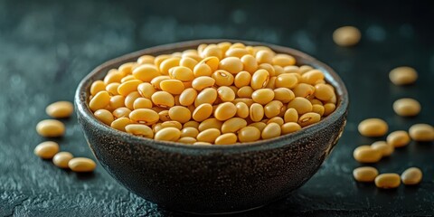 photo of yellow lupine beans in a bowl isolated on a dark background