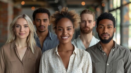 Fototapeta premium A group of five diverse friends, standing close together with cheerful expressions, showcasing strength in diversity and the beauty of friendship.