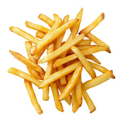 French fries. Top view of delicious pile of classic fast food. Realistic photo for packaging design or web catalog, soft studio light. Isolated clipart with clear even edge on transparent background