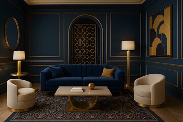Elegant Interior Design with Blue and Gold Accents in Modern Living Room
