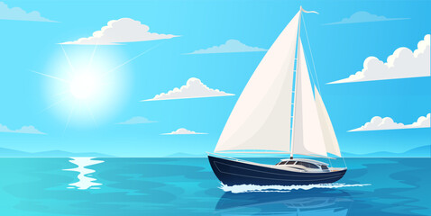 A sailboat glides across a calm sea under a sunny sky with scattered clouds, in a bright and clean graphic style on a blue background. Concept of peaceful travel. Vector illustration