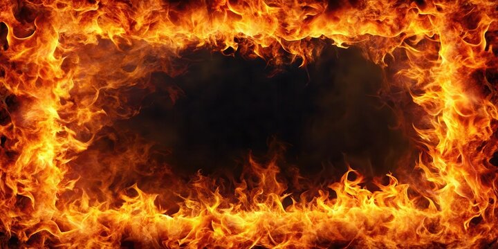 Inferno landscape with flames forming a dramatic border frame, fiery, fireframe,  fiery, fireframe, lava,border, volcanic