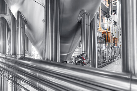 Modern industrial brewery factory with stainless steel equipment