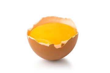 broken chicken eggs with yolk isolated on white background with clipping path. Ingredient for making breakfast - eggs concept.