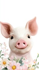 Cute pig illustration with a joyful expression surrounded by colorful flowers, showcasing a whimsical and cheerful character in a vibrant, playful design