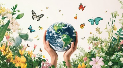 Design an illustration of hands holding the Earth, surrounded by lush greenery and vibrant flowers with butterflies fluttering around it. The background is white to highlight the Earth in color, 