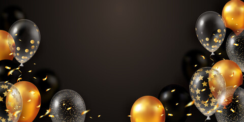 Glossy black and gold balloons with confetti details on a dark background, festive celebration concept. Vector illustration