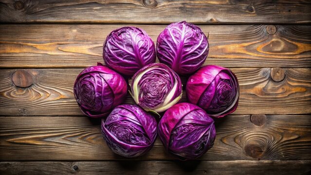 A vibrant bunch of red cabbage sits atop a rustic wooden table, its leaves and stalks arranged artfully in a symmetrical composition , harvest, vegetables - Powered by Adobe