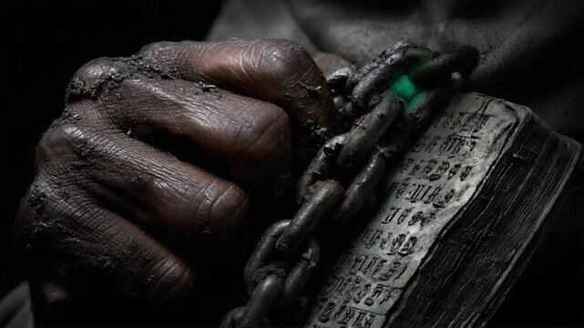 Hands clasp a worn religious text, symbolizing strength and faith during challenging times. A connection to spirituality emerges as the community faces adversity together
