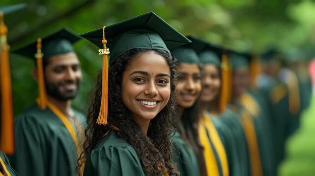 indian young woman in graduation attire smiles at camera during a university ceremony in India. academic achievement and higher education in India. The concept focuses on graduation