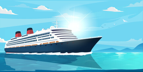 Large cruise ship moving on tranquil sea with sun rays, birds, and mountains in the background, travel and vacation concept. Vector illustration