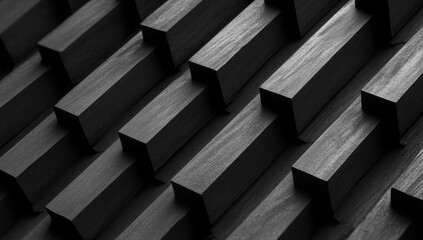 Abstract pattern of many dark rectangular wooden blocks arranged in an angled, layered design