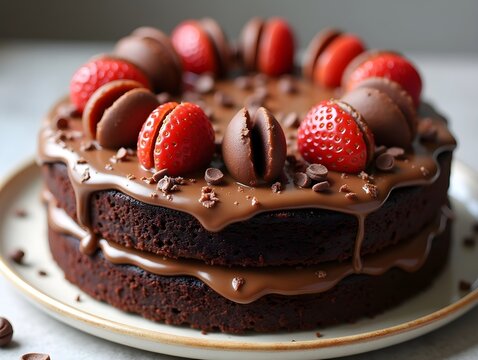 Gluten-free chocolate cake with rich texture and decorations, photo