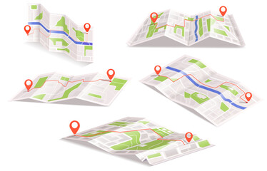 Collection of isometric folded city maps with red location pins and route paths on a white background. Concept of navigation and travel. Vector illustration