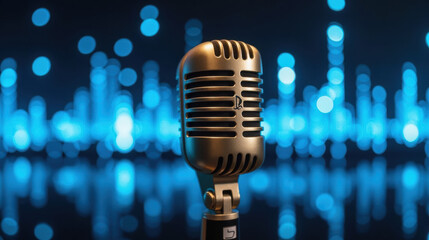 Vintage microphone blue background bokeh lights music theme audio equipment retro style sound waves performance recording entertainment studio
