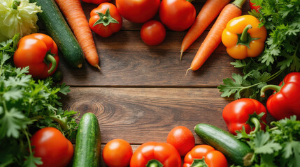 Fresh vegetables including tomatoes, cucumbers, carrots, and bell peppers arranged beautifully wooden surface, creating vibrant and healthy