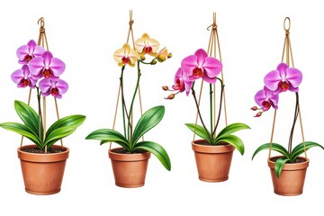 Vibrant Blooming Phalaenopsis Orchids in Hanging Pots Botanical Illustration