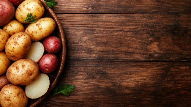 An assortment of colorful potatoes is beautifully arranged on a rustic wooden table, emphasizing the natural beauty and diversity of this essential food staple.