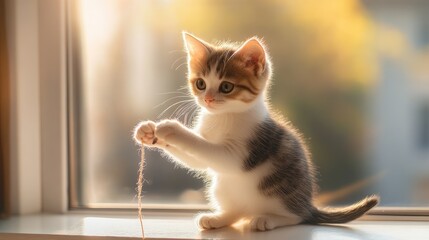 Cute Kitten Playing with String Indoors Enjoying Sunlight and Window View, Generative Ai