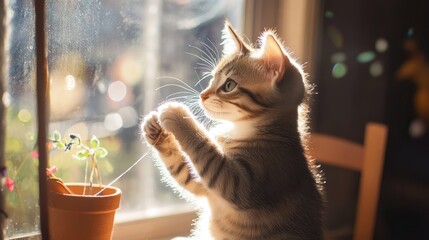 Cute Kitten Playing with String Indoors Enjoying Sunlight and Window View, Generative Ai
