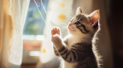 Cute Kitten Playing with String Indoors Enjoying Sunlight and Window View, Generative Ai