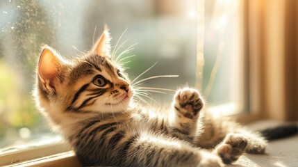 Cute Kitten Playing with String Indoors Enjoying Sunlight and Window View, Generative Ai