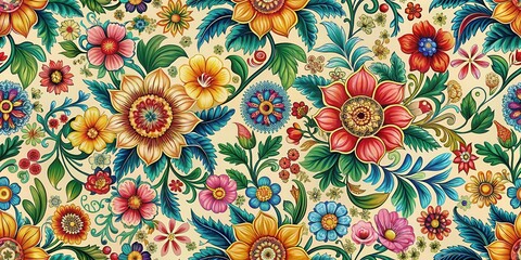 Detailed intricate design of colorful floral patterns and leaf shapes in a seamless repeating design on an oil background