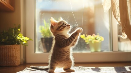 Cute Kitten Playing with String Indoors Enjoying Sunlight and Window View, Generative Ai