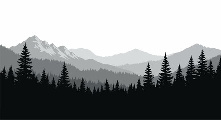 Monochromatic Forest Silhouette with Layered Mountain Ranges