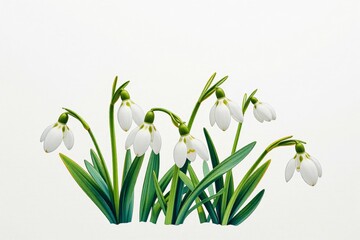 Fototapeta premium Delicate Snowdrop Flowers Spring Bloom White Petals Green Leaves Botanical Illustration