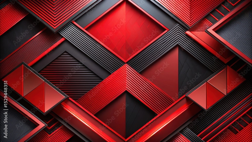 Poster geometric shapes in abstract red and black background with bold lines and vibrant colors