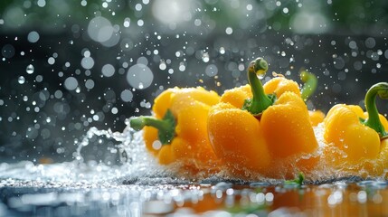 A vivid image of yellow bell peppers splashing through water, highlighting their freshness and vibrant color, symbolizing health and vitality in food photography.