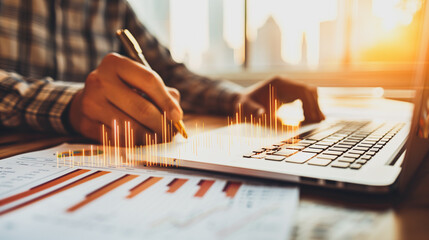 Business Analysis: A focused individual meticulously examines financial data, using a laptop and handwritten notes to analyze market trends.