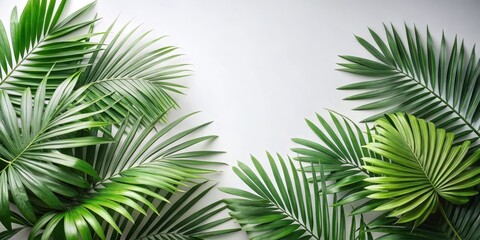 A large cluster of tropical palm leaves scattered across a light and airy background