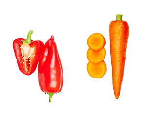 Carrot and sweet pepper isolated on a white background, contour