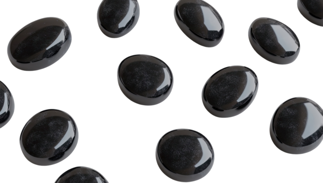 Dark, glossy, oval-shaped stones scattered on black background - Powered by Adobe