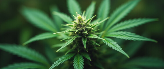 Green Growth: Low Angle Close-Up of Cannabis Bud and Top Leaves