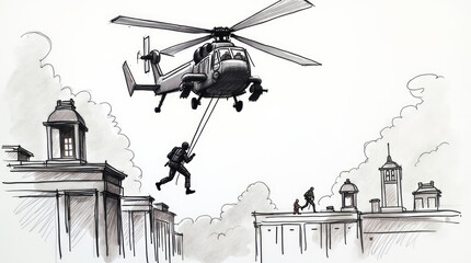 Hand-Drawn Sketch of Soldiers Rappelling from a Helicopter onto a Rooftop in Dynamic Action