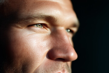 Fototapeta premium Extreme close-up of man's eyes and face in warm sunlight, focused expression and sharp detail