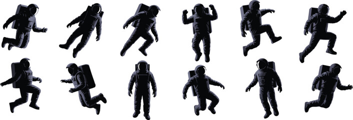 Set of astronaut silhouettes in various poses, black and white, in space suit, vector illustration, isolated, space exploration, astronaut activity, space suit, modern space mission © Titan