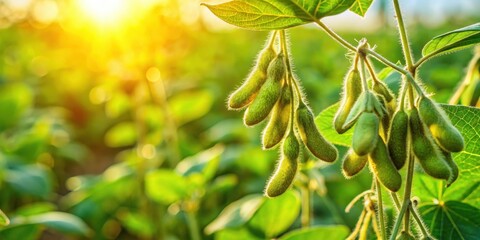 Obraz premium Green soybean plants in a sunlit field with ripe pods hanging amidst lush foliage showcasing agricultural growth and harvest potential