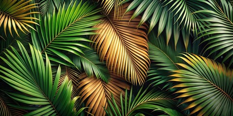 A lush cluster of palm fronds overlapping each other in shades of green and brown textures