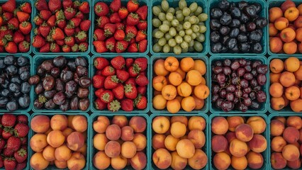 Fresh Summer Fruits in Baskets at a Farmers Market Overhead View